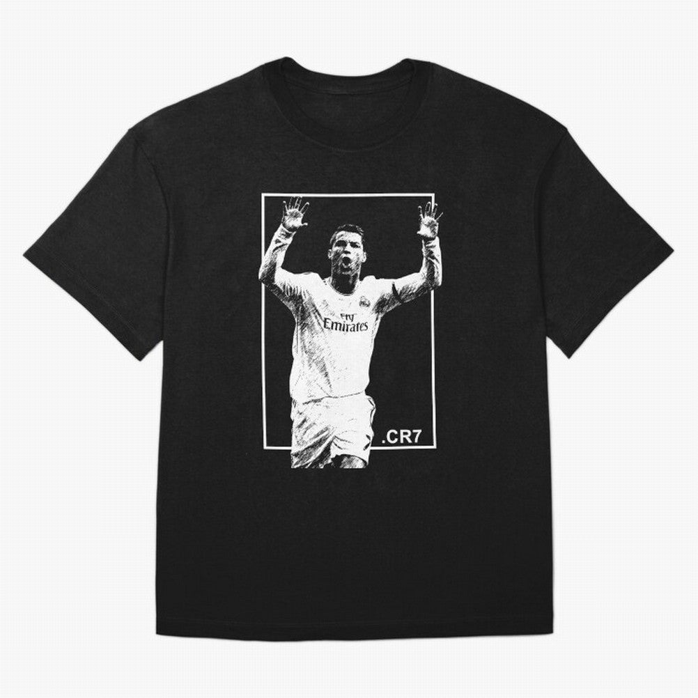 Cristiano Ronaldo CR7 in Black and White Design Oversized T-Shirt Honor Football Greatness during Global Football Passion for FIFA World Cup 2026 USA Canada Mexico, Inspired by CR7, England, Supporter Pride, Iconic Celebrations, Legendary Names and