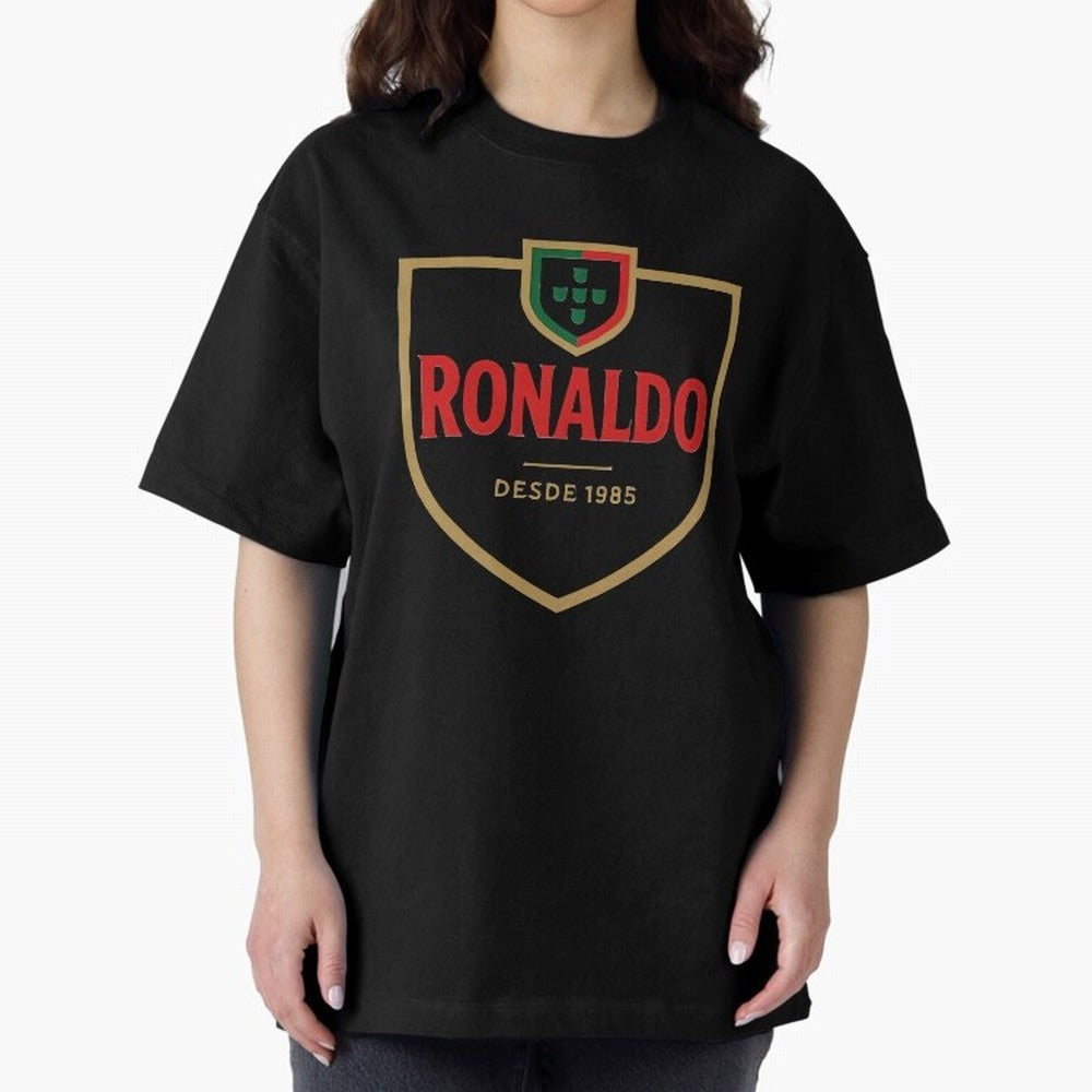 Ronaldo Emblem Sticker ¨C Gold Crest Parody Design Oversized T-Shirt Show Match Day Excitement for Match Day Hype around FIFA World Cup 2026, Messi, Neymar and Mbappe, England, France and Netherlands, Champion Mindset, Group Stage Buzz, Knockout