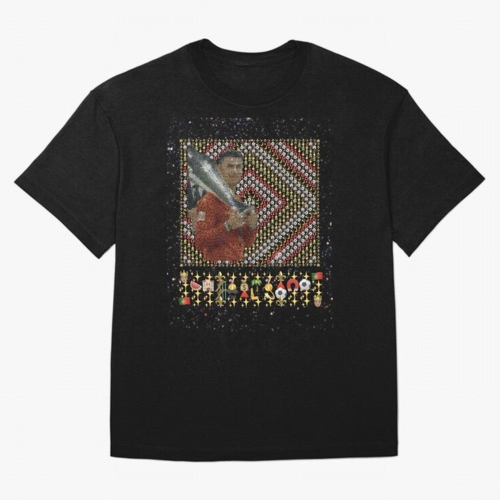 Iconic Emojified Football Legend Holding Victory Trophy | Inspired Art Oversized T-Shirt Celebrate Fan Culture around Match Day Hype around FIFA World Cup 2026 Group Stage, Messi, CR7 and Mbappe, Portugal, Global Supporter Spirit, Legendary Goals,