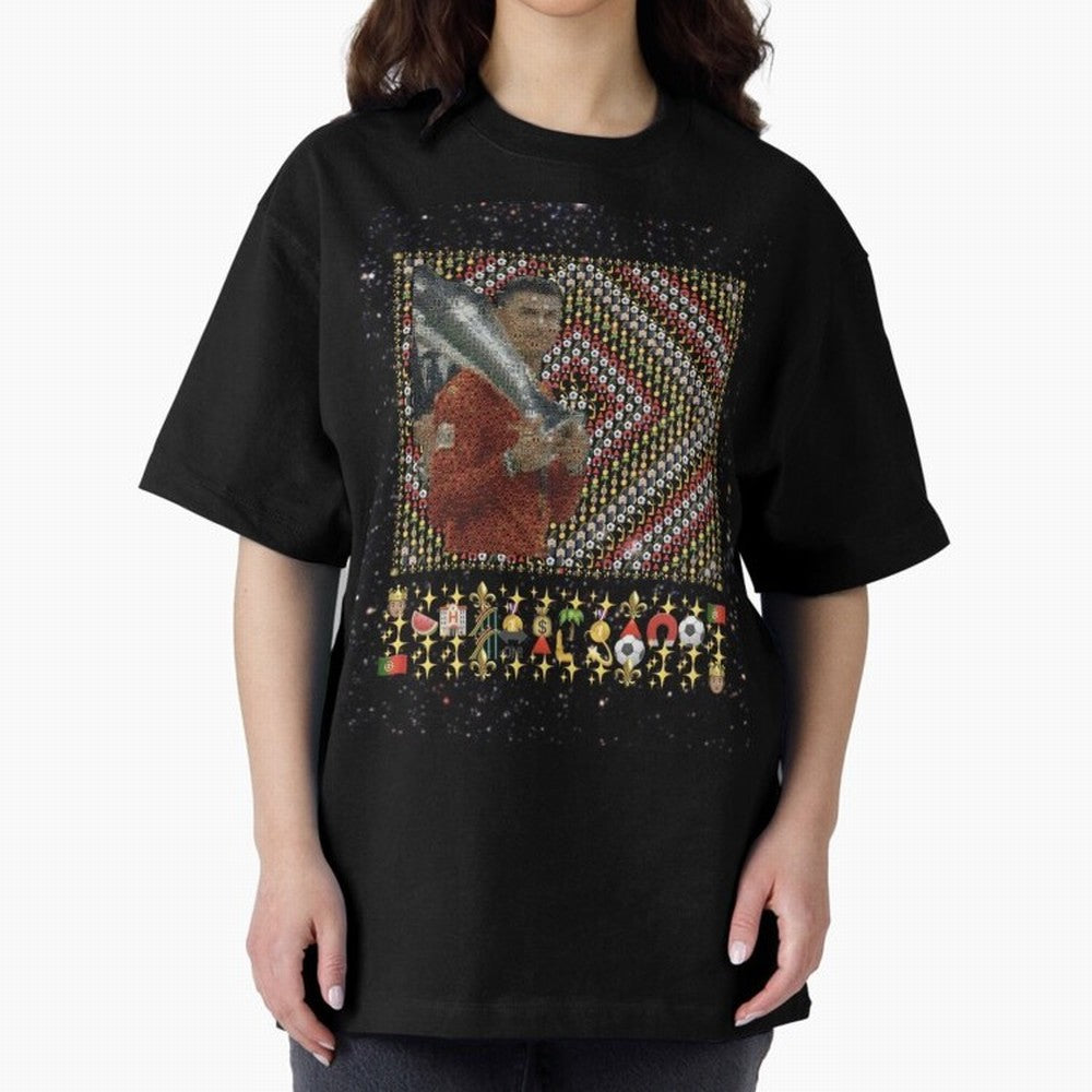 Iconic Emojified Football Legend Holding Victory Trophy | Inspired Art Oversized T-Shirt Celebrate Fan Culture around Match Day Hype around FIFA World Cup 2026 Group Stage, Messi, CR7 and Mbappe, Portugal, Global Supporter Spirit, Legendary Goals,