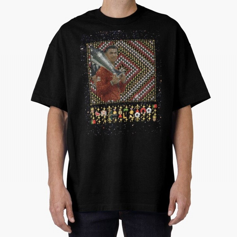 Iconic Emojified Football Legend Holding Victory Trophy | Inspired Art Oversized T-Shirt Celebrate Fan Culture around Match Day Hype around FIFA World Cup 2026 Group Stage, Messi, CR7 and Mbappe, Portugal, Global Supporter Spirit, Legendary Goals,