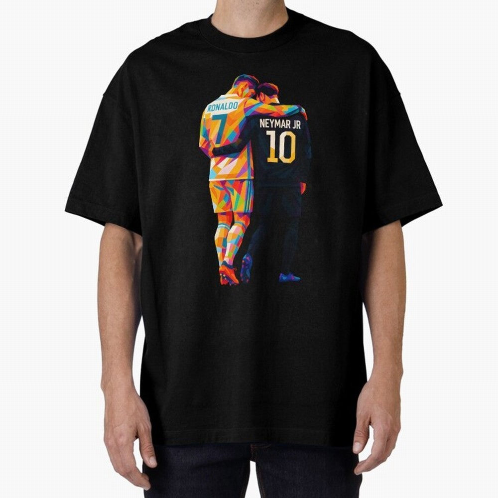 Cristiano Ronaldo & Neymar JR Wpap Art Oversized T-Shirt Follow the Road to FIFA World Cup 2026 Group Stage Spirit, Built around France, Messi, Neymar and Mbappe, Championship Spirit, Famous Goals, Roaring Crowds and International Football Unity;