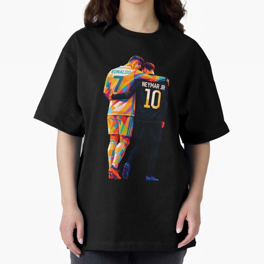 Cristiano Ronaldo & Neymar JR Wpap Art Oversized T-Shirt Follow the Road to FIFA World Cup 2026 Group Stage Spirit, Built around France, Messi, Neymar and Mbappe, Championship Spirit, Famous Goals, Roaring Crowds and International Football Unity;