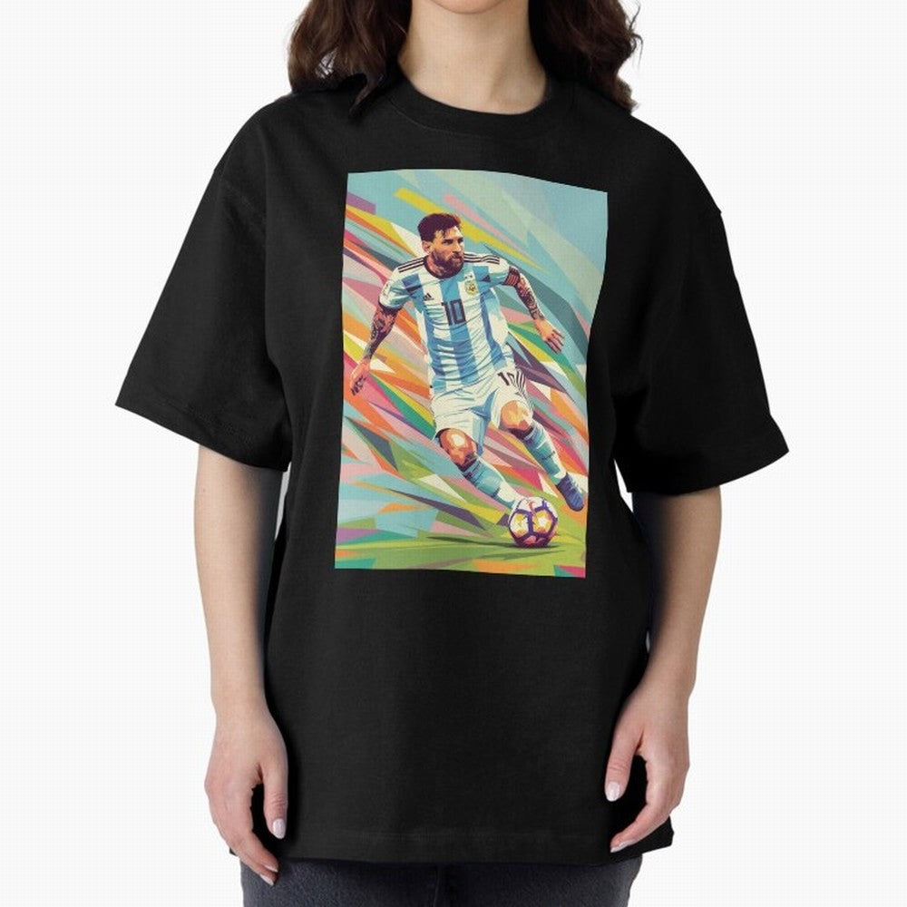 Messi in action Graphic poster design Oversized T-Shirt Bring Global Tournament Vibes to FIFA World Cup 2026 Group Stage for Fans of Haaland and Spain, Bringing Classic Soccer Heritage, Championship Pressure, Fan Loyalty and International Pride;