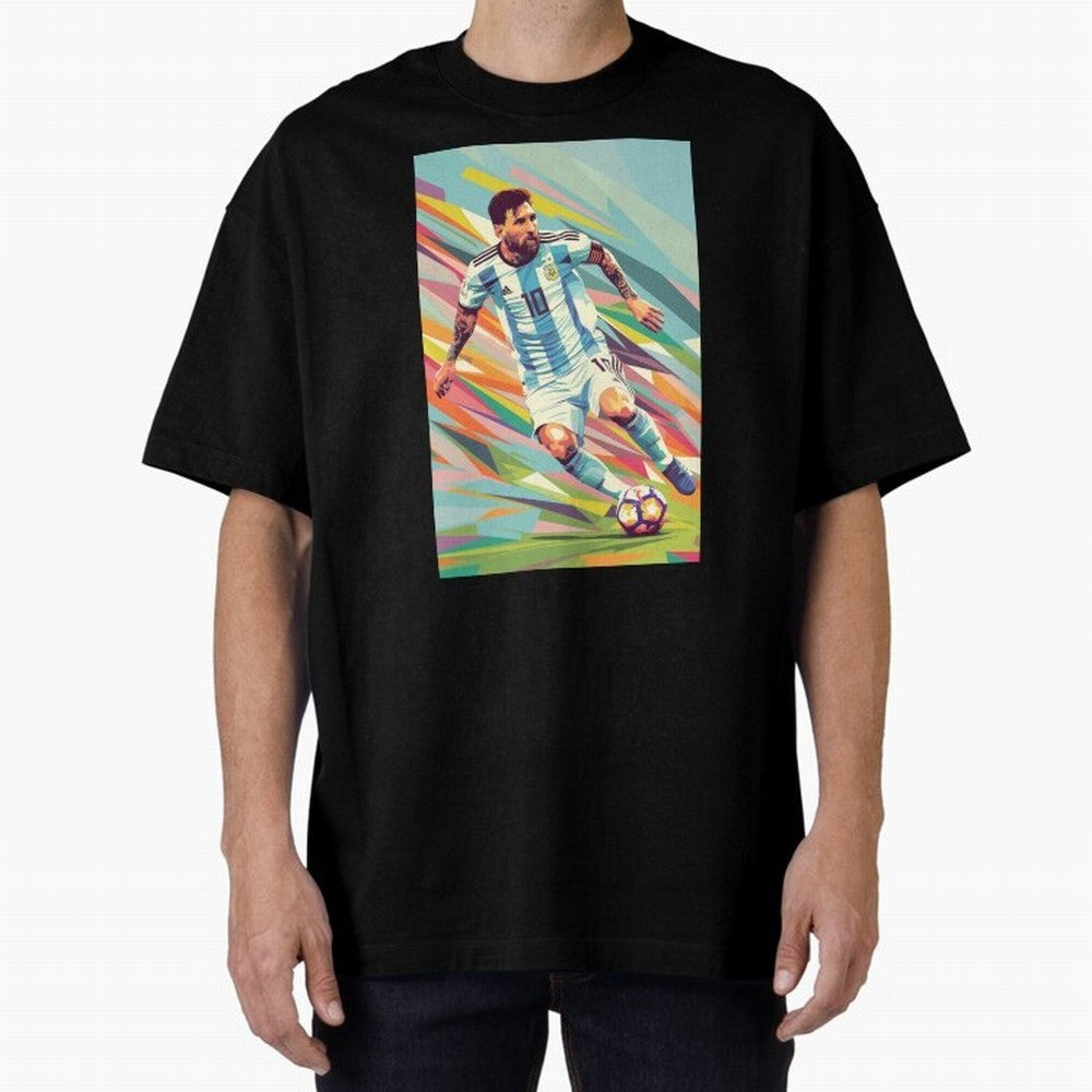 Messi in action Graphic poster design Oversized T-Shirt Bring Global Tournament Vibes to FIFA World Cup 2026 Group Stage for Fans of Haaland and Spain, Bringing Classic Soccer Heritage, Championship Pressure, Fan Loyalty and International Pride;