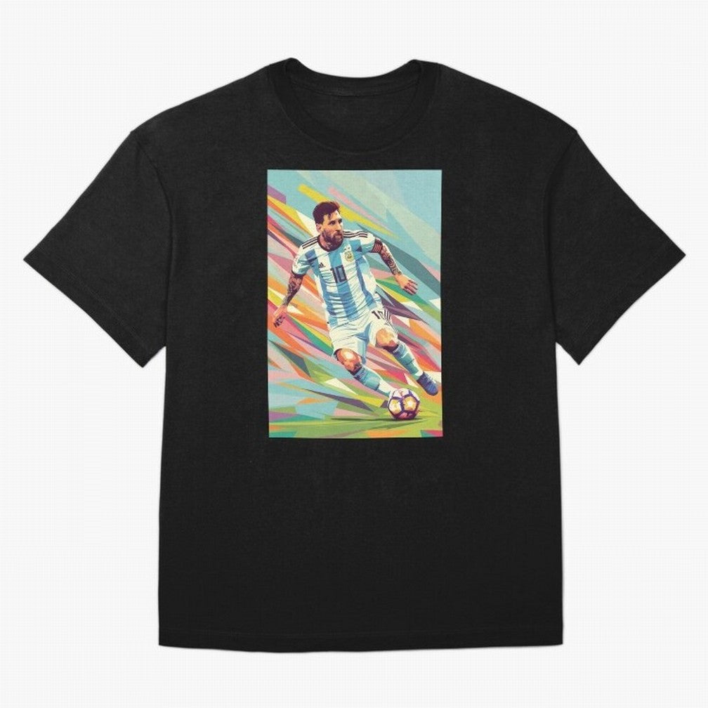 Messi in action Graphic poster design Oversized T-Shirt Bring Global Tournament Vibes to FIFA World Cup 2026 Group Stage for Fans of Haaland and Spain, Bringing Classic Soccer Heritage, Championship Pressure, Fan Loyalty and International Pride;