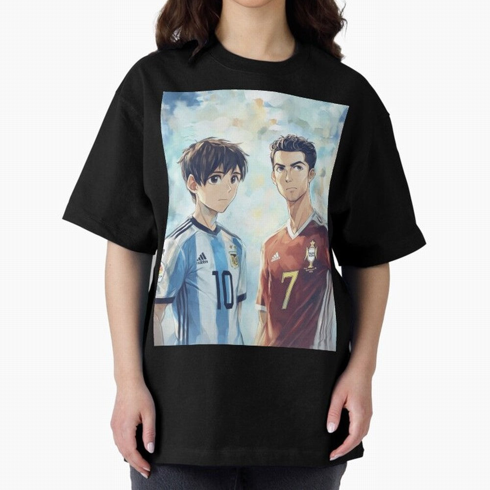 Lionel Messi and Cristiano Ronaldo Oversized T-Shirt Celebrate Soccer Greatness during FIFA World Cup 2026 USA Canada Mexico Filled with Mbappe and Neymar, Portugal, Spain and Germany Energy, Stadium Chants, National Pride, Trophy Dreams and
