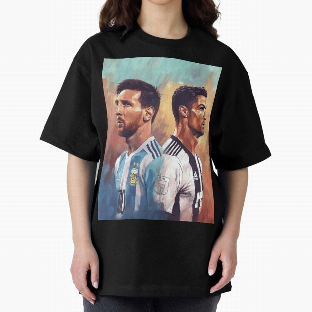 Lionel Messi and Cristiano Ronaldo Oversized T-Shirt Embrace Match Day Hype around FIFA World Cup 2026, Messi, CR7 and Mbappe, Brazil, Portugal and Argentina, Football Festival Excitement, Trophy Ambitions, Country Rivalries and Star Player Buzz;