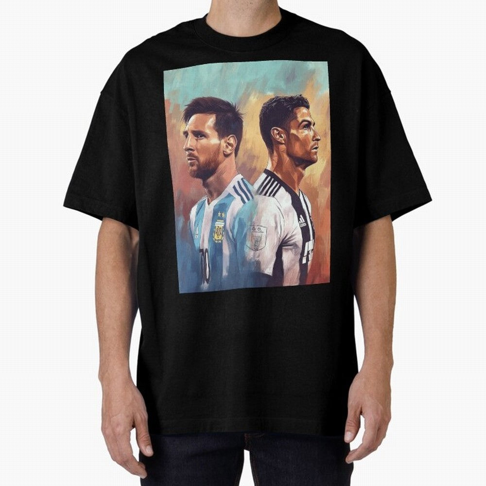 Lionel Messi and Cristiano Ronaldo Oversized T-Shirt Embrace Match Day Hype around FIFA World Cup 2026, Messi, CR7 and Mbappe, Brazil, Portugal and Argentina, Football Festival Excitement, Trophy Ambitions, Country Rivalries and Star Player Buzz;