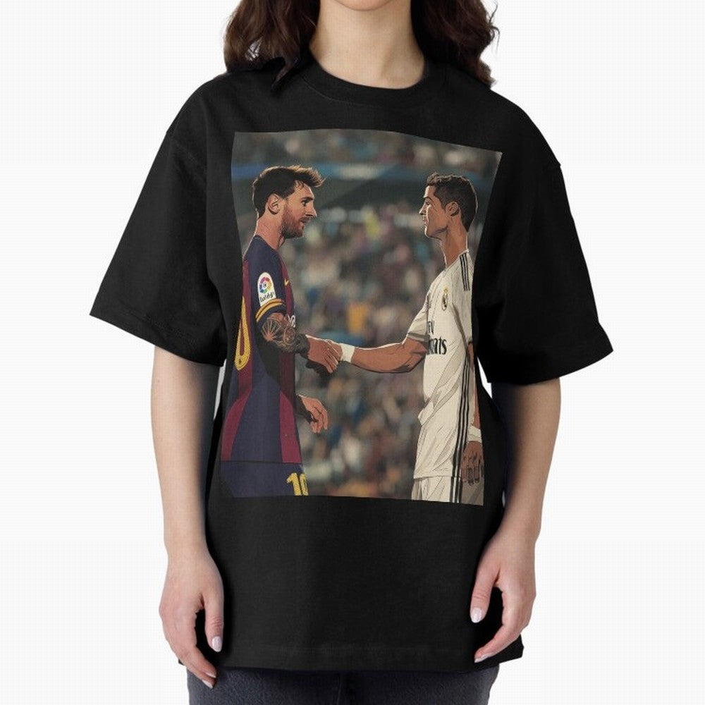 Lionel Messi and Cristiano Ronaldo Oversized T-Shirt Showcase FIFA World Cup 2026 USA Canada Mexico Spirit, Centered on Germany, Mbappe and Neymar, Vintage Soccer Flavor, Modern Football Stars, National Flags and Final Night Emotion; Ideal for Fans