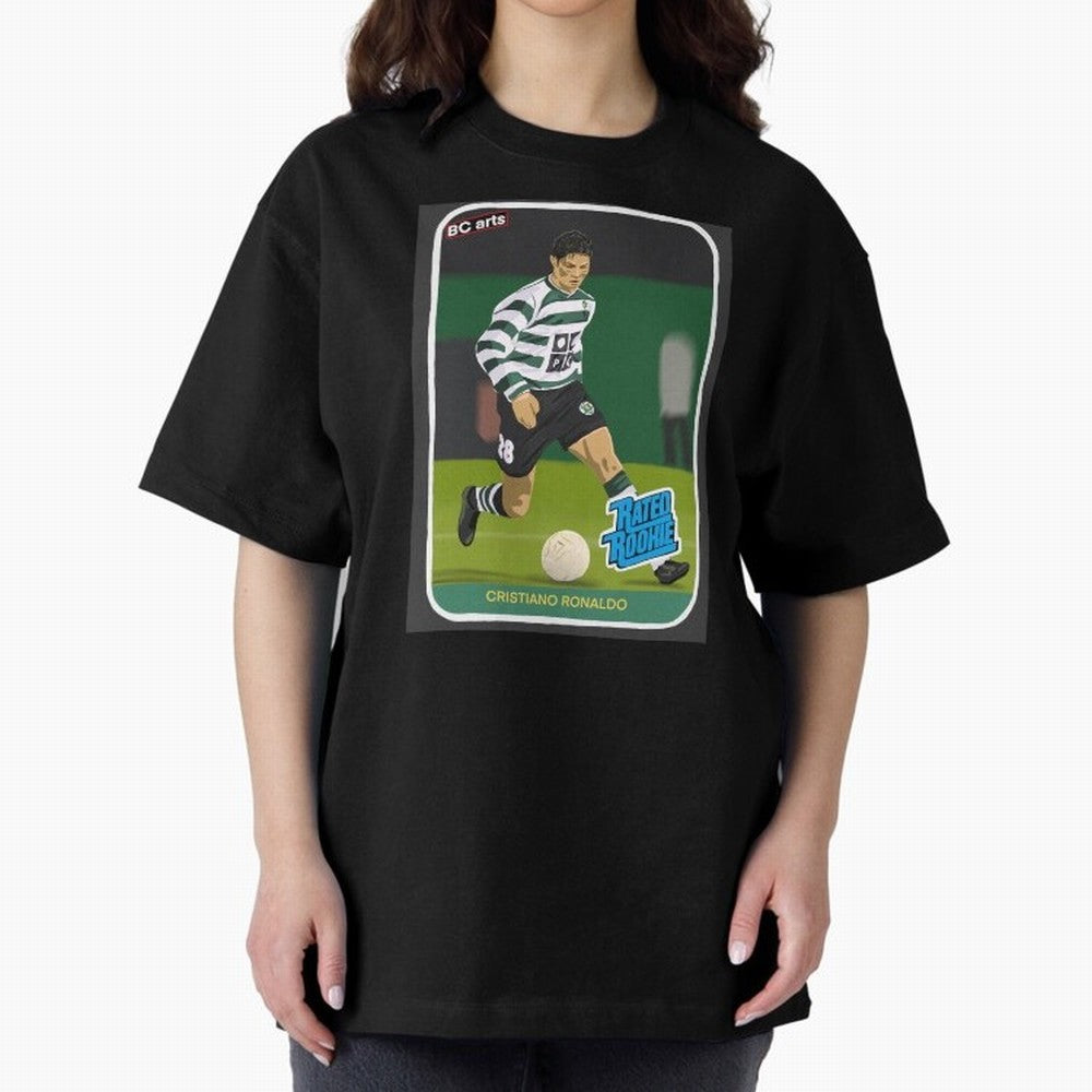 Sporting Lisbon Cristiano Ronaldo Rookie Card Artwork Oversized T-Shirt Capture Stadium Memories from FIFA World Cup 2026 Group Stage Celebrating Messi, Neymar and Mbappe, England, France and Netherlands Energy, Champion Mindset, Group Stage Buzz,