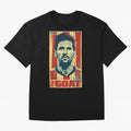 Messi The GOAT Graphic poster design Oversized T-Shirt Join Global Football Passion for FIFA World Cup 2026 USA Canada Mexico, Built around Messi, England, Football History, Final Match Energy, Crowd Noise and Once in a Lifetime Moments; Great for