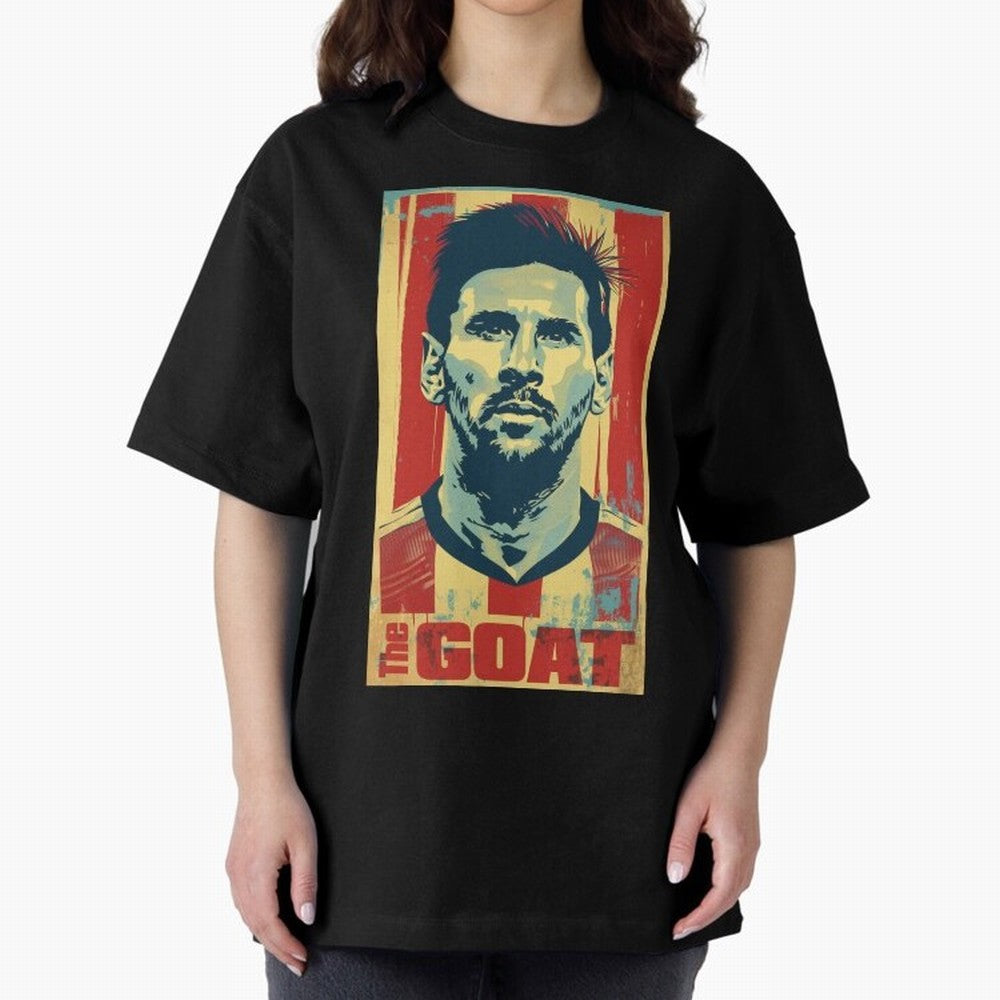 Messi The GOAT Graphic poster design Oversized T-Shirt Join Global Football Passion for FIFA World Cup 2026 USA Canada Mexico, Built around Messi, England, Football History, Final Match Energy, Crowd Noise and Once in a Lifetime Moments; Great for