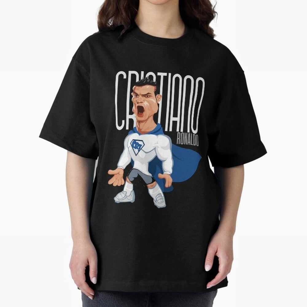 Commic Caricature of Cristiano Ronaldino 'CR7' Oversized T-Shirt Bring Global Tournament Vibes to FIFA World Cup 2026 for Fans of Messi and Portugal, Bringing Classic Soccer Heritage, Championship Pressure, Fan Loyalty and International Pride;