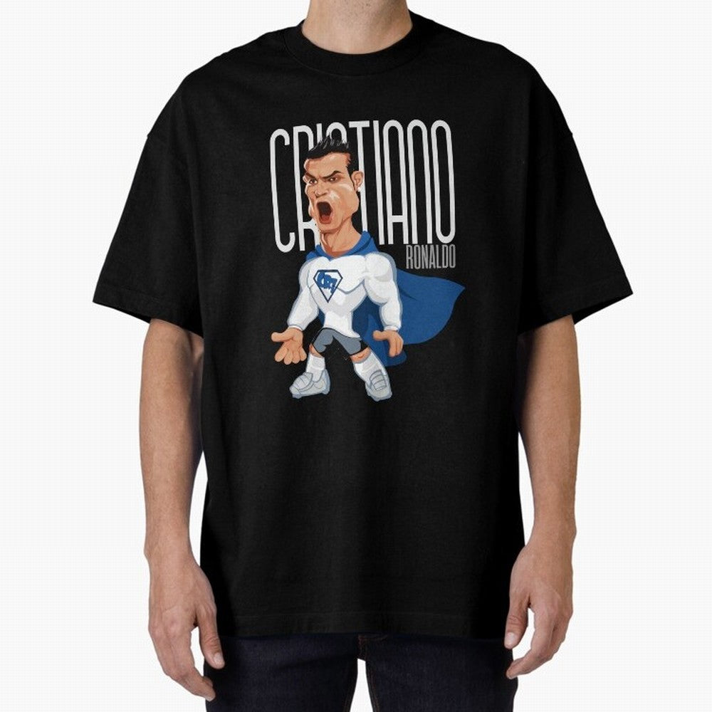 Commic Caricature of Cristiano Ronaldino 'CR7' Oversized T-Shirt Bring Global Tournament Vibes to FIFA World Cup 2026 for Fans of Messi and Portugal, Bringing Classic Soccer Heritage, Championship Pressure, Fan Loyalty and International Pride;