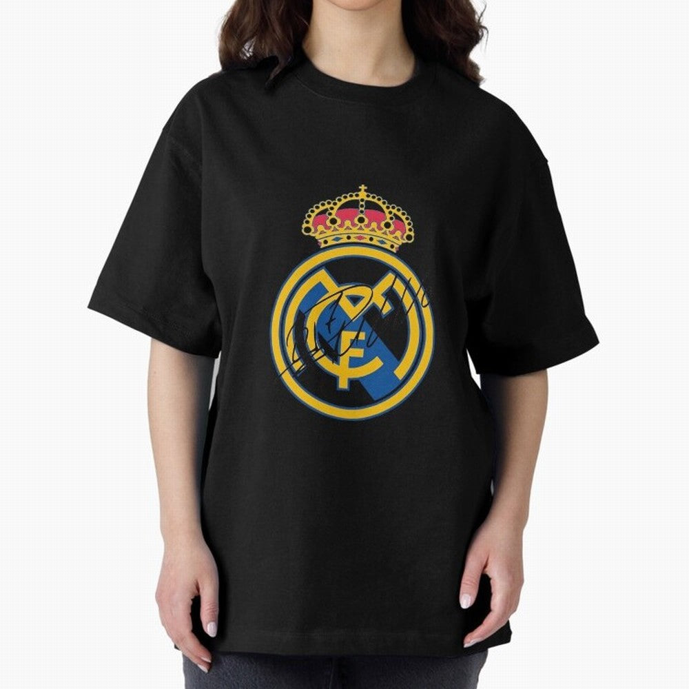Real Madrid C.F. crest with Cristiano Ronaldo's autograph Oversized T-Shirt Join the Global Buzz around Match Day Hype around FIFA World Cup 2026 Group Stage, Cristiano Ronaldo, Spain, Classic Soccer Heritage, Championship Pressure, Fan Loyalty and