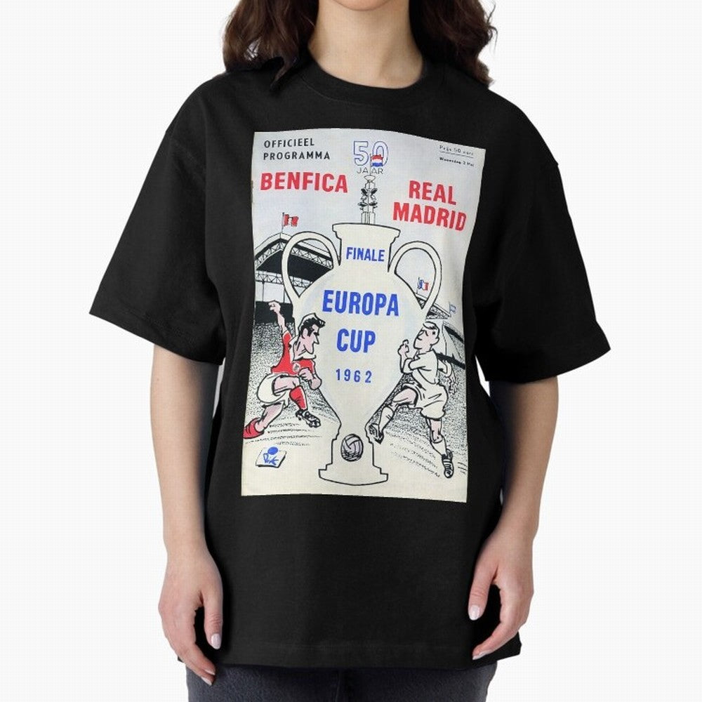 Vintage Champions League Final Poster - Real Madrid vs Benfica Oversized T-Shirt Join Supporters Worldwide for FIFA World Cup 2026 Driven by CR7 and Messi, Argentina, France and Brazil Energy, Classic Soccer Heritage, Championship Pressure, Fan