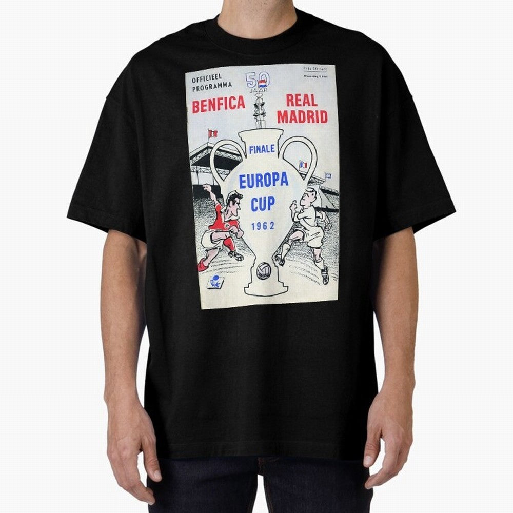 Vintage Champions League Final Poster - Real Madrid vs Benfica Oversized T-Shirt Join Supporters Worldwide for FIFA World Cup 2026 Driven by CR7 and Messi, Argentina, France and Brazil Energy, Classic Soccer Heritage, Championship Pressure, Fan