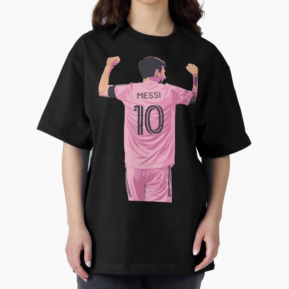 Lionel Messi Celebration Oversized T-Shirt Celebrate Golden Goal Energy in Global Football Passion for FIFA World Cup 2026 USA Canada Mexico, Connected to Cristiano Ronaldo, Haaland and CR7, Brazil, Classic Soccer Heritage, Championship Pressure,