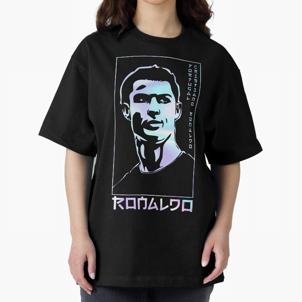 Ronaldo holographic Style Portrait art illustration Oversized T-Shirt Celebrate Classic Football Spirit in Match Day Hype around FIFA World Cup 2026, Neymar, Haaland and Cristiano Ronaldo, Brazil, Portugal and Argentina, Worldwide Fan Energy,