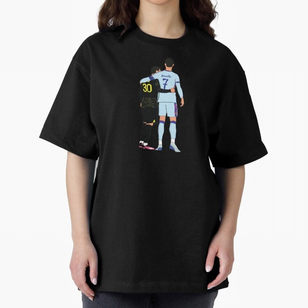 Messi and Ronaldo Reunion Illustration Oversized T-Shirt Join the FIFA World Cup 2026 USA Canada Mexico Journey through Cristiano Ronaldo, Haaland and CR7 Highlights, Portugal Pride, Vintage Soccer Flavor, Modern Football Stars, National Flags and