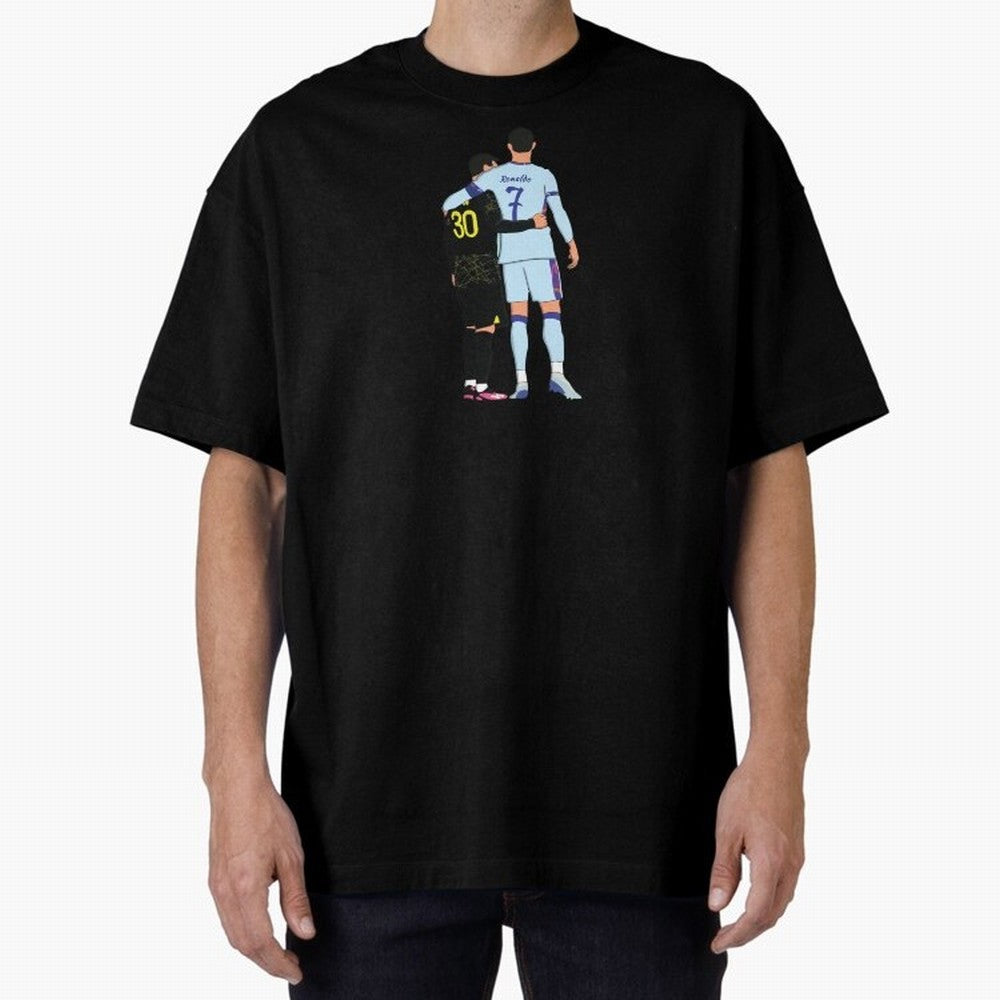 Messi and Ronaldo Reunion Illustration Oversized T-Shirt Join the FIFA World Cup 2026 USA Canada Mexico Journey through Cristiano Ronaldo, Haaland and CR7 Highlights, Portugal Pride, Vintage Soccer Flavor, Modern Football Stars, National Flags and
