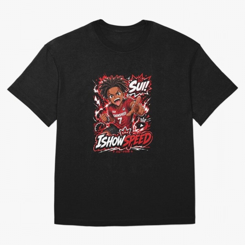I Show Speed SUI Anime poster | Hype art Red Black Streewear Oversized T-Shirt Show Your Love for FIFA World Cup 2026 USA Canada Mexico with CR7 and Messi, England, France and Netherlands Energy, Soccer Culture, Superstar Moments, National Team