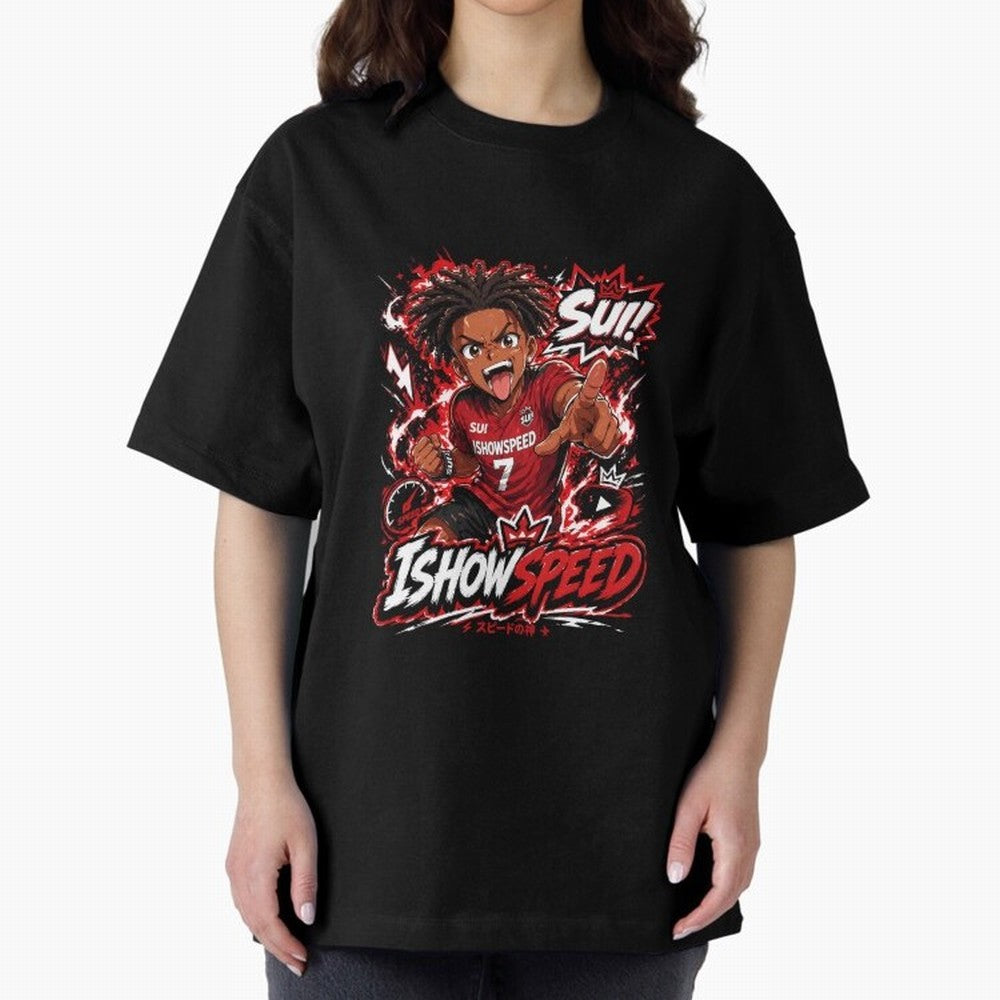 I Show Speed SUI Anime poster | Hype art Red Black Streewear Oversized T-Shirt Show Your Love for FIFA World Cup 2026 USA Canada Mexico with CR7 and Messi, England, France and Netherlands Energy, Soccer Culture, Superstar Moments, National Team