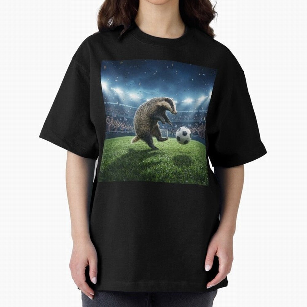 Dynamic Badger Plays Soccer Like Ronaldo Oversized T-Shirt Bring Bold Fan Energy to FIFA World Cup 2026 USA Canada Mexico for Fans of Cristiano Ronaldo and Spain, Bringing Retro Football Energy, Iconic Rivalries, Trophy Chase Drama and Stadium