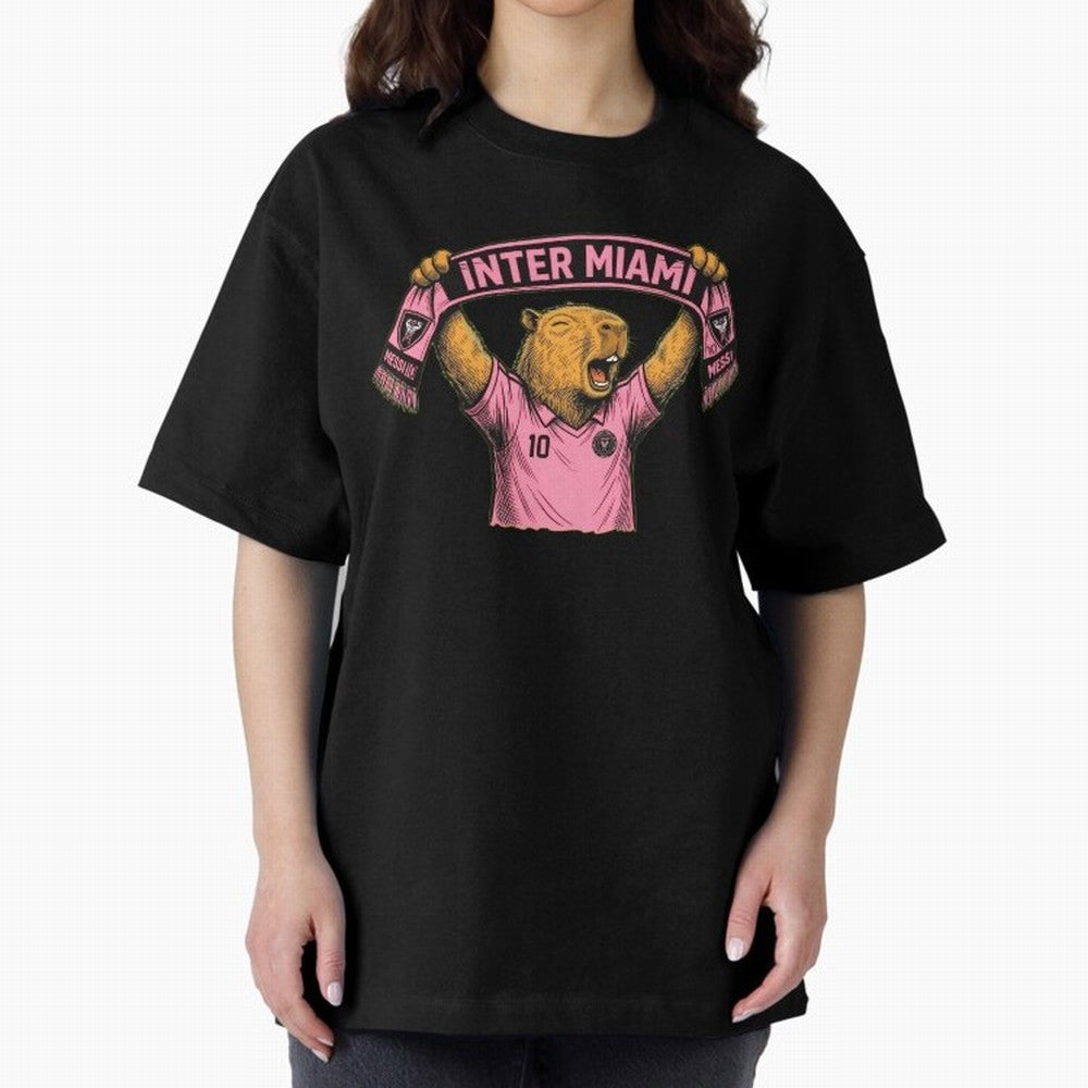 Capybara Inter Miami Fan Celebrating ¨C Funny Soccer Illustration with Scarf Oversized T-Shirt Show Match Day Excitement for FIFA World Cup 2026 USA Canada Mexico Spirit, Celebrating Netherlands, Messi, CR7 and Mbappe, Football History, Final Match