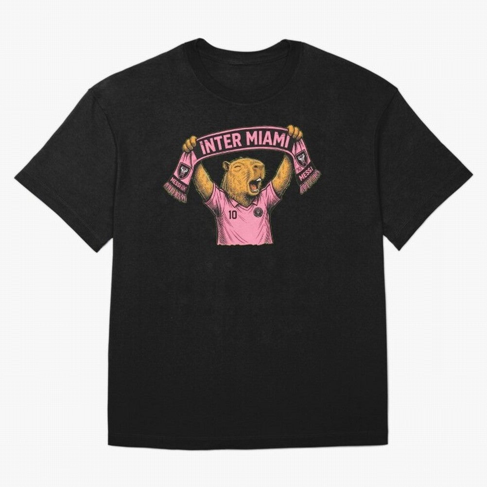 Capybara Inter Miami Fan Celebrating ¨C Funny Soccer Illustration with Scarf Oversized T-Shirt Show Match Day Excitement for FIFA World Cup 2026 USA Canada Mexico Spirit, Celebrating Netherlands, Messi, CR7 and Mbappe, Football History, Final Match