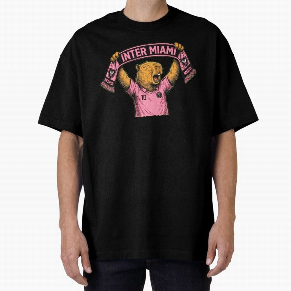 Capybara Inter Miami Fan Celebrating ¨C Funny Soccer Illustration with Scarf Oversized T-Shirt Show Match Day Excitement for FIFA World Cup 2026 USA Canada Mexico Spirit, Celebrating Netherlands, Messi, CR7 and Mbappe, Football History, Final Match