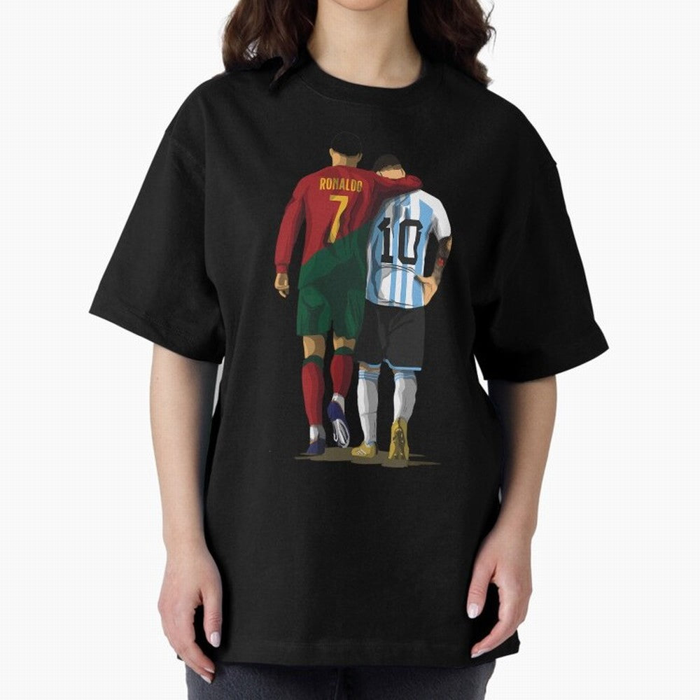 Messi Ronaldo Chit Chat Illustration Oversized T-Shirt Turn Every Weekend Toward FIFA World Cup 2026 Filled with Messi, Brazil Energy, Retro Football Energy, Iconic Rivalries, Trophy Chase Drama and Stadium Atmosphere; Ideal for Fans Who Follow