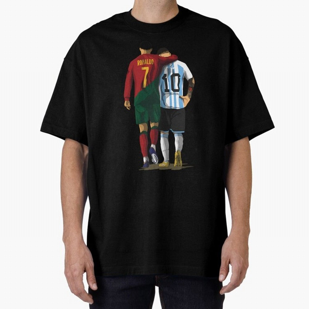 Messi Ronaldo Chit Chat Illustration Oversized T-Shirt Turn Every Weekend Toward FIFA World Cup 2026 Filled with Messi, Brazil Energy, Retro Football Energy, Iconic Rivalries, Trophy Chase Drama and Stadium Atmosphere; Ideal for Fans Who Follow