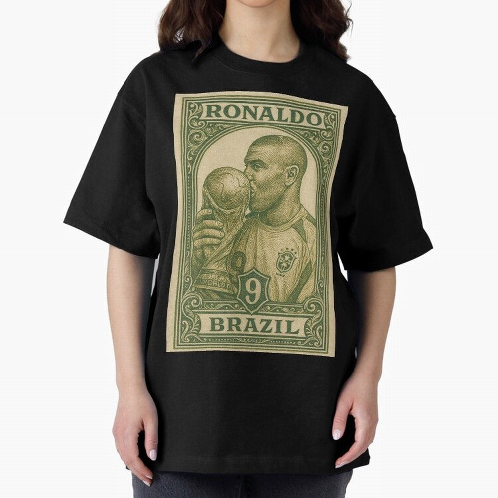 Vintage Brazilian Ronaldo Fenomeno R9 Football Legend Stamp Illustration ¨C Retro Soccer World Cup Art Print Oversized T-Shirt Share FIFA World Cup 2026 Group Stage Highlighting Mbappe, Portugal Energy, Sports Nostalgia, International Competition,