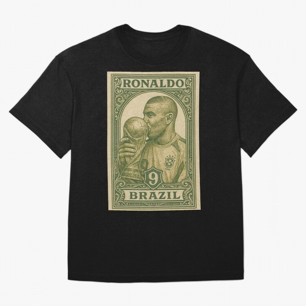 Vintage Brazilian Ronaldo Fenomeno R9 Football Legend Stamp Illustration ¨C Retro Soccer World Cup Art Print Oversized T-Shirt Share FIFA World Cup 2026 Group Stage Highlighting Mbappe, Portugal Energy, Sports Nostalgia, International Competition,