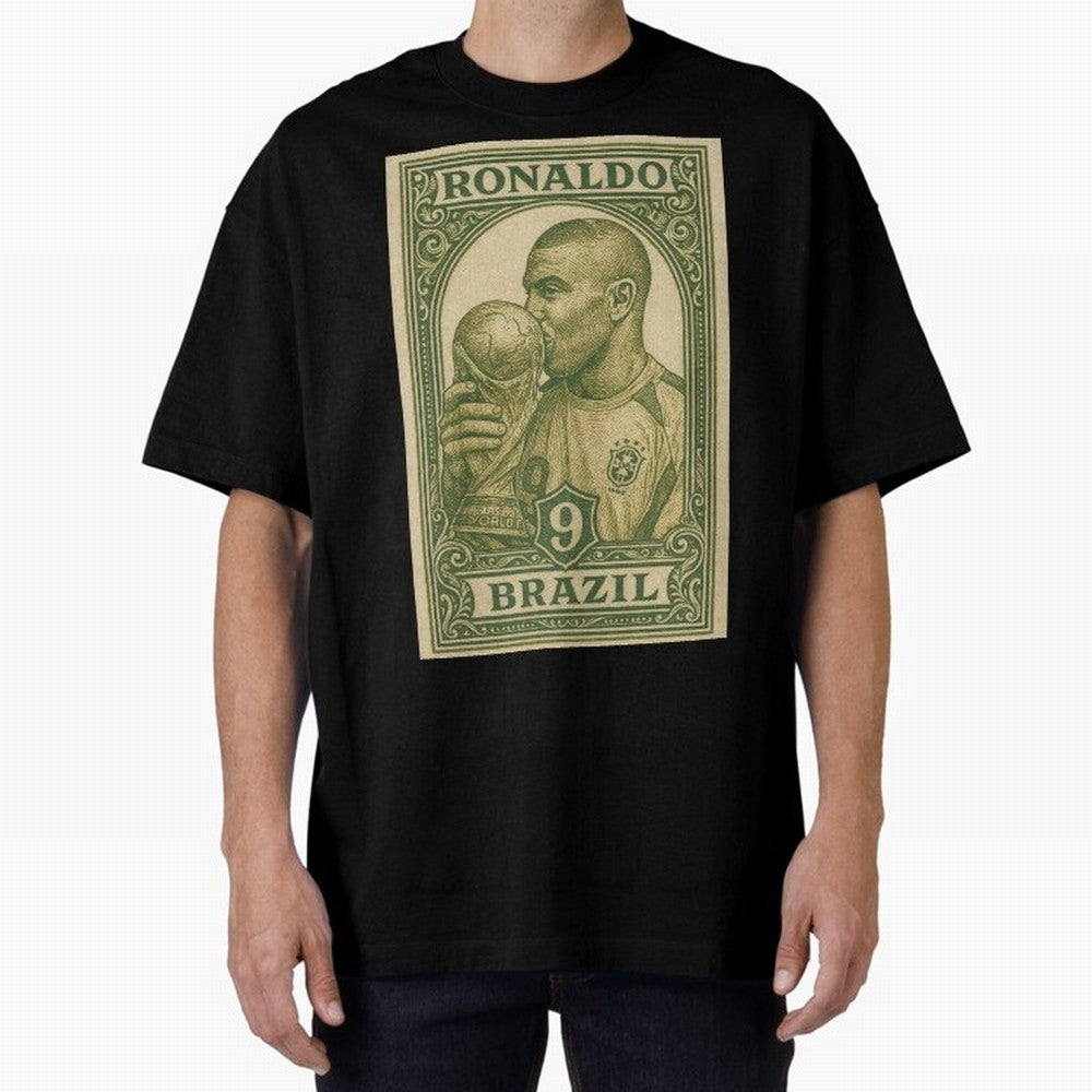 Vintage Brazilian Ronaldo Fenomeno R9 Football Legend Stamp Illustration ¨C Retro Soccer World Cup Art Print Oversized T-Shirt Share FIFA World Cup 2026 Group Stage Highlighting Mbappe, Portugal Energy, Sports Nostalgia, International Competition,