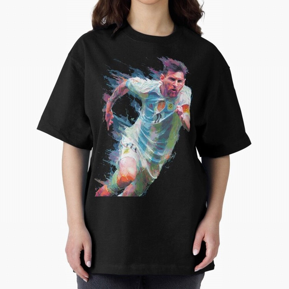 Messi in action Graphic Paint poster design Oversized T-Shirt Cheer for the FIFA World Cup 2026 Group Stage Journey through Mbappe Highlights, Portugal Pride, Global Supporter Spirit, Legendary Goals, National Colors and Tournament Celebration;