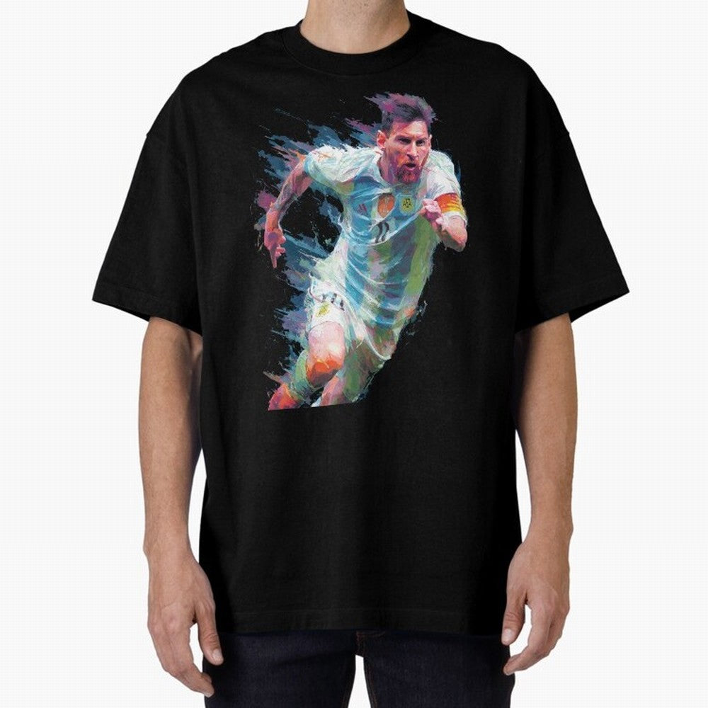 Messi in action Graphic Paint poster design Oversized T-Shirt Cheer for the FIFA World Cup 2026 Group Stage Journey through Mbappe Highlights, Portugal Pride, Global Supporter Spirit, Legendary Goals, National Colors and Tournament Celebration;