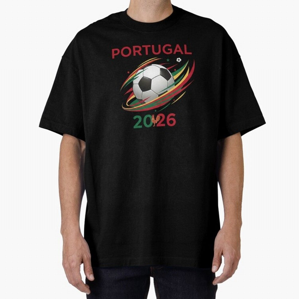 Camiseta Portugal 2026 - Bola de Futebol e Design Galo de Barcelos. Oversized T-Shirt Bring Global Tournament Vibes to the FIFA World Cup 2026 Journey through Haaland and Mbappe Highlights, Germany Pride, Football Festival Excitement, Trophy