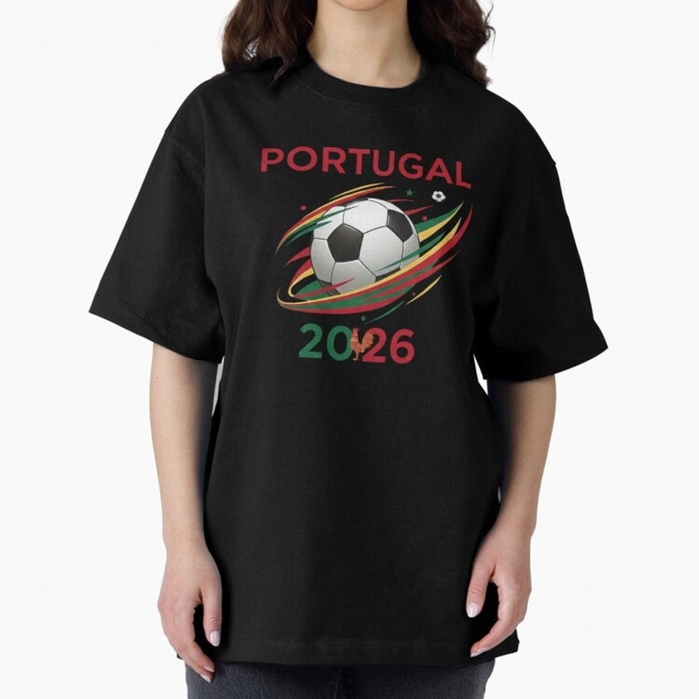 Camiseta Portugal 2026 - Bola de Futebol e Design Galo de Barcelos. Oversized T-Shirt Bring Global Tournament Vibes to the FIFA World Cup 2026 Journey through Haaland and Mbappe Highlights, Germany Pride, Football Festival Excitement, Trophy