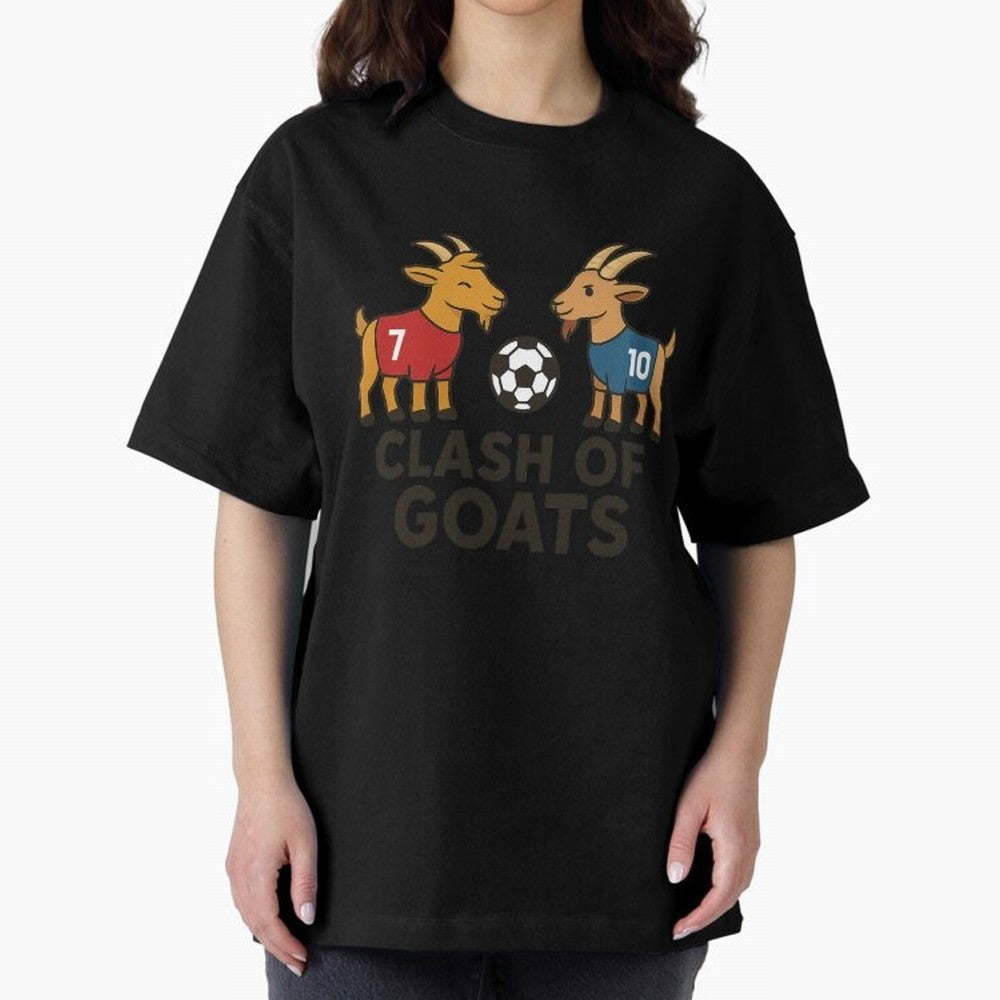 Clash of GOATs ¨C Funny Ronaldo vs Messi Inspired Football T-Shirt Design Oversized T-Shirt Elevate the FIFA World Cup 2026 Group Stage Journey through Messi, Neymar and Mbappe Highlights, Argentina Pride, Retro Football Energy, Iconic Rivalries,