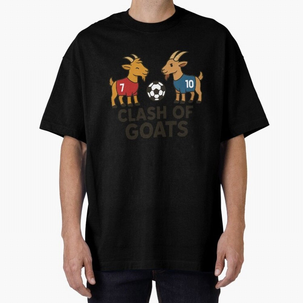 Clash of GOATs ¨C Funny Ronaldo vs Messi Inspired Football T-Shirt Design Oversized T-Shirt Elevate the FIFA World Cup 2026 Group Stage Journey through Messi, Neymar and Mbappe Highlights, Argentina Pride, Retro Football Energy, Iconic Rivalries,