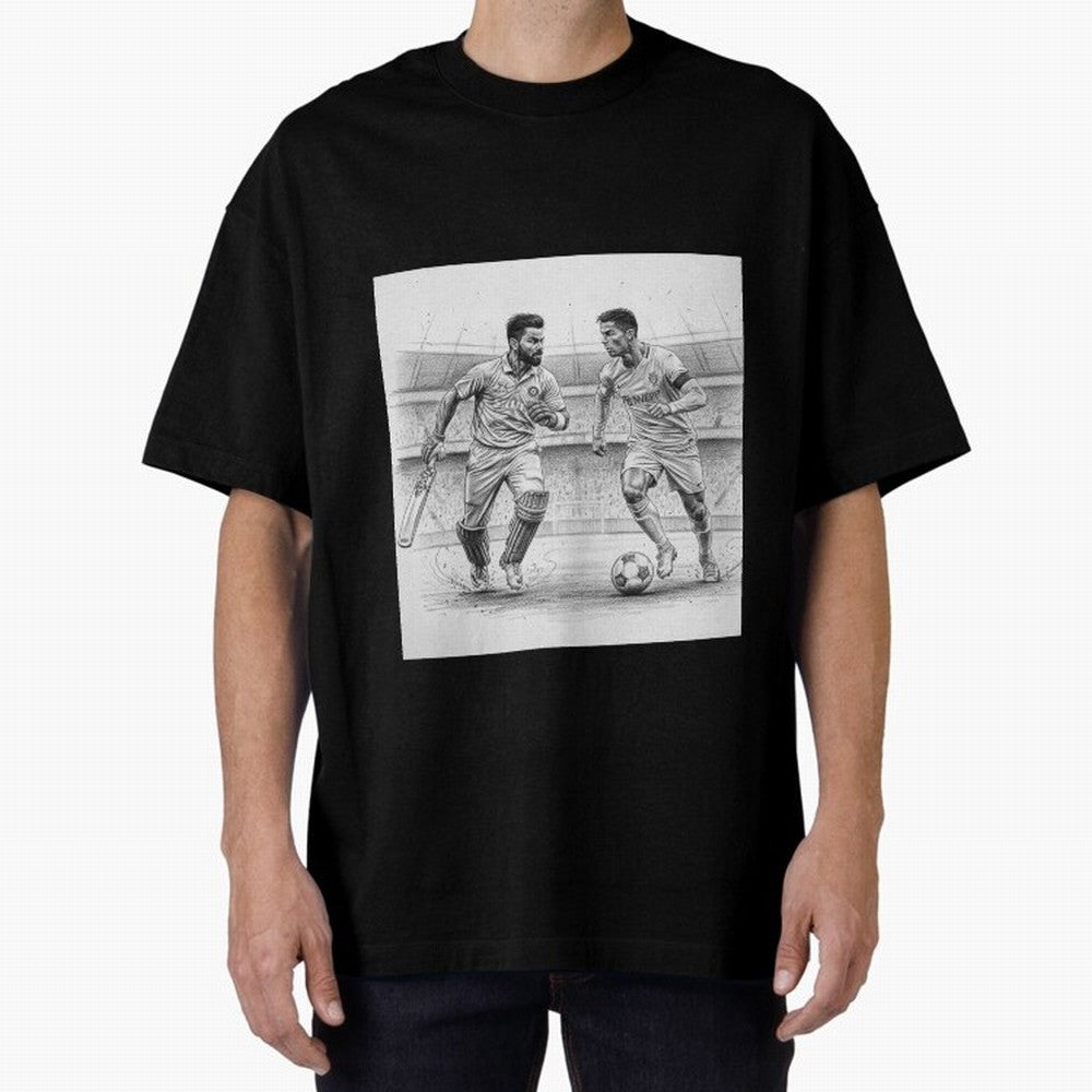 Virat and Ronaldo Oversized T-Shirt Celebrate the Magic of FIFA World Cup 2026 USA Canada Mexico with Mbappe and Neymar, Portugal, Spain and Germany Energy, Championship Spirit, Famous Goals, Roaring Crowds and International Football Unity; Ideal