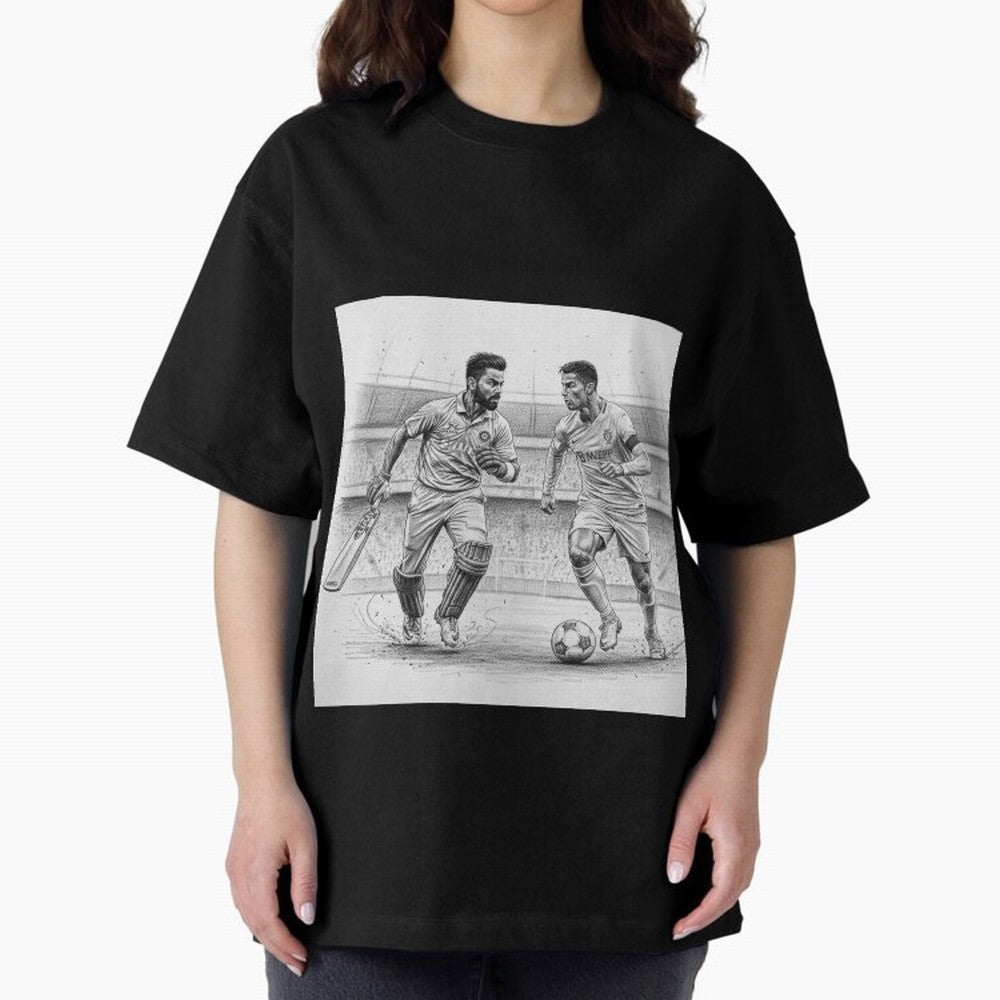 Virat and Ronaldo Oversized T-Shirt Celebrate the Magic of FIFA World Cup 2026 USA Canada Mexico with Mbappe and Neymar, Portugal, Spain and Germany Energy, Championship Spirit, Famous Goals, Roaring Crowds and International Football Unity; Ideal