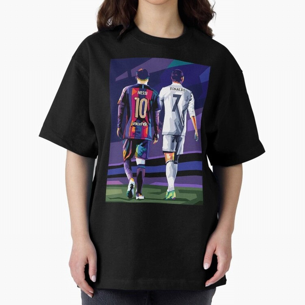 Ronaldo And Messi Oversized T-Shirt Honor Football Greatness during FIFA World Cup 2026 Group Stage Driven by CR7, England and Germany Energy, Football Festival Excitement, Trophy Ambitions, Country Rivalries and Star Player Buzz; Great for