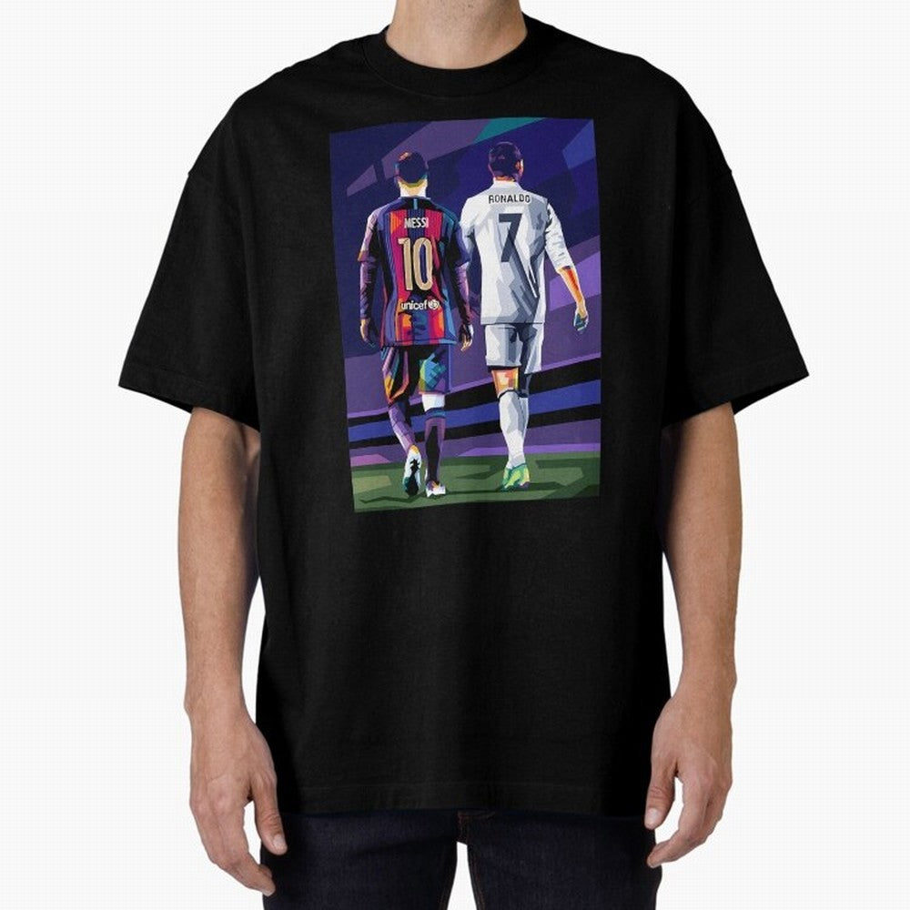 Ronaldo And Messi Oversized T-Shirt Honor Football Greatness during FIFA World Cup 2026 Group Stage Driven by CR7, England and Germany Energy, Football Festival Excitement, Trophy Ambitions, Country Rivalries and Star Player Buzz; Great for