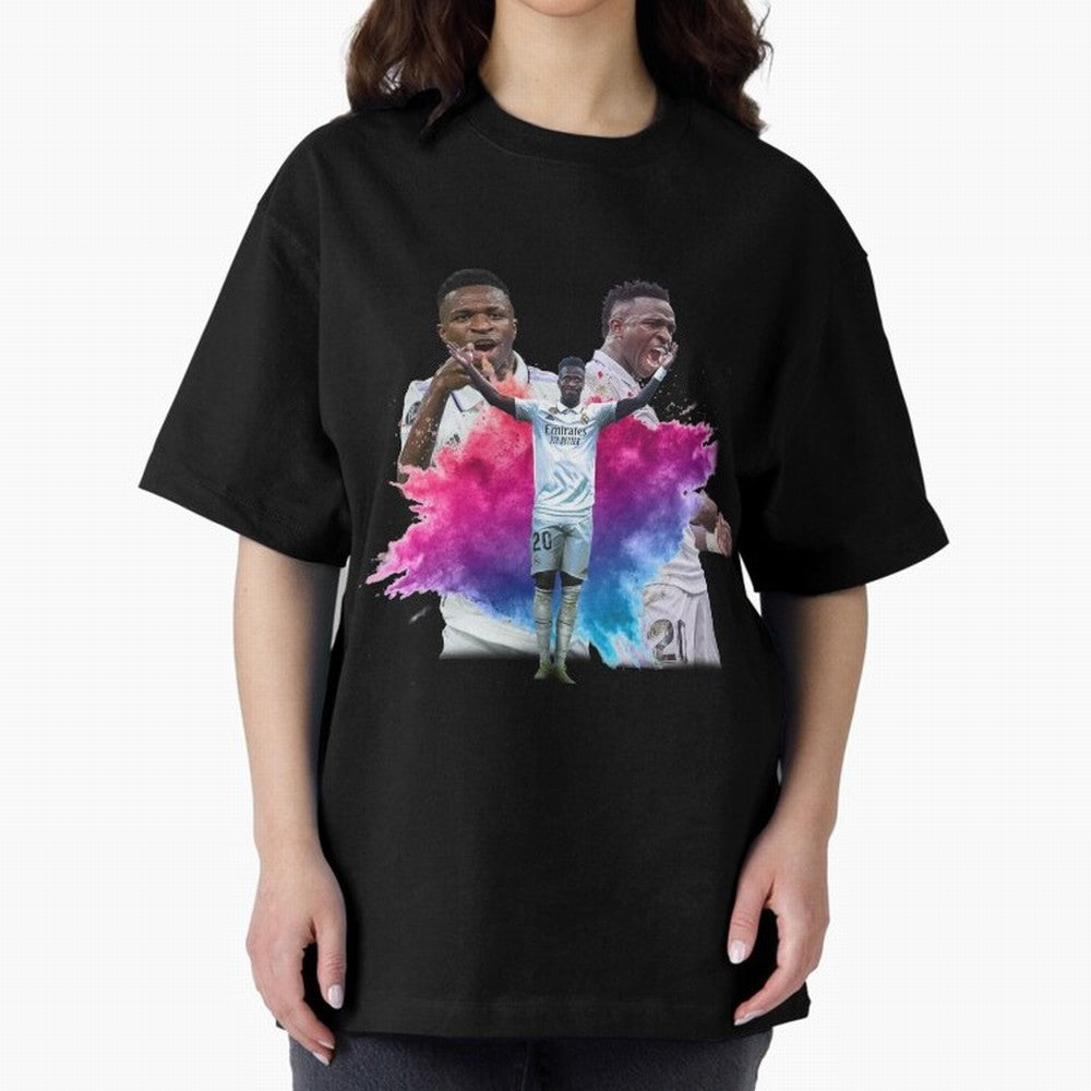 Fanart Vinicius Junior Merch Oversized T-Shirt Celebrate the Stars of Match Day Hype around FIFA World Cup 2026 Group Stage, Mbappe and Neymar, Netherlands, Worldwide Fan Energy, Dramatic Goals, Stadium Lights and Championship Celebrations; Built