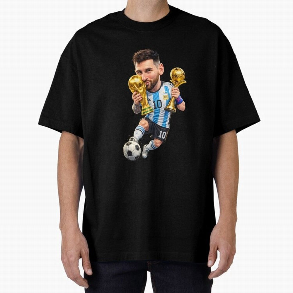 Lionel Messi ¨C Trophy King Caricature Oversized T-Shirt Capture FIFA World Cup 2026 USA Canada Mexico Spirit, Featuring Brazil, Cristiano Ronaldo, Haaland and CR7, Championship Spirit, Famous Goals, Roaring Crowds and International Football Unity;