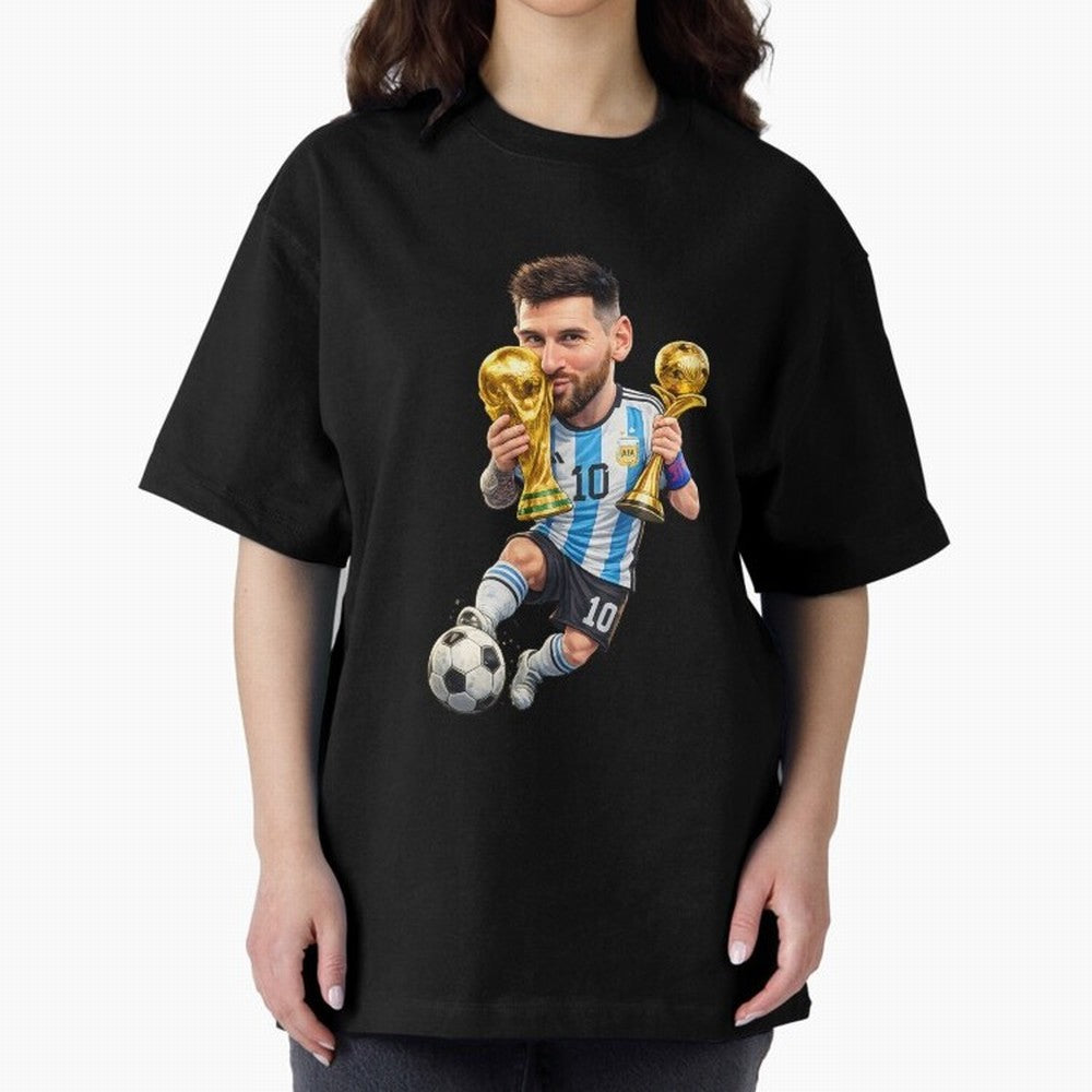 Lionel Messi ¨C Trophy King Caricature Oversized T-Shirt Capture FIFA World Cup 2026 USA Canada Mexico Spirit, Featuring Brazil, Cristiano Ronaldo, Haaland and CR7, Championship Spirit, Famous Goals, Roaring Crowds and International Football Unity;